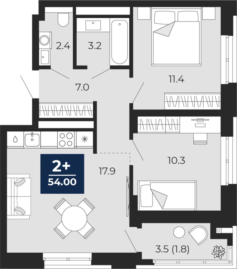 Планировка 2-комн. квартира, 48.9 м² — ЖК «Айвазовский»