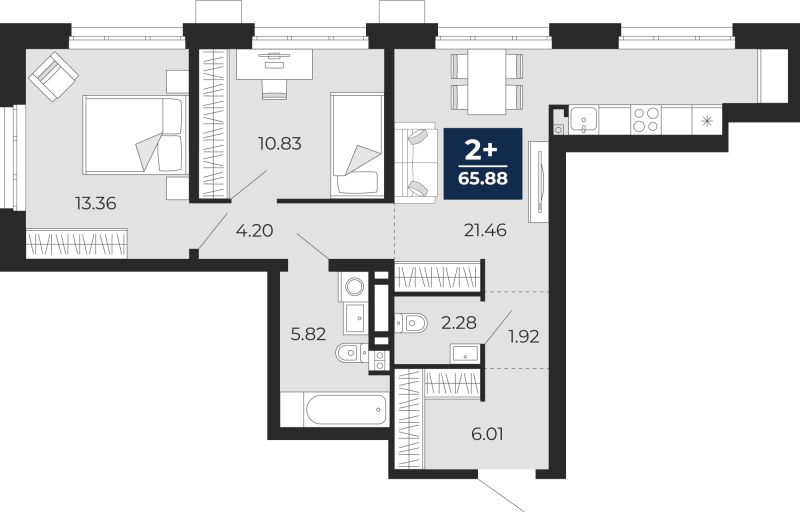 Планировка 2-комн. квартира, 65.9 м² — ЖК «Айвазовский»