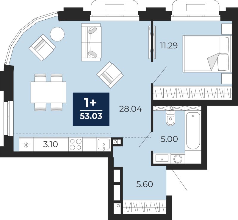 Планировка 2-комн. квартира, 53 м² — ЖК «Айвазовский»