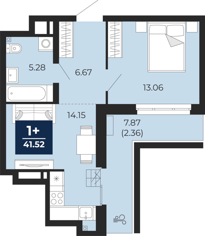 Планировка 1-комн. квартира, 41.5 м² — ЖК «Айвазовский»