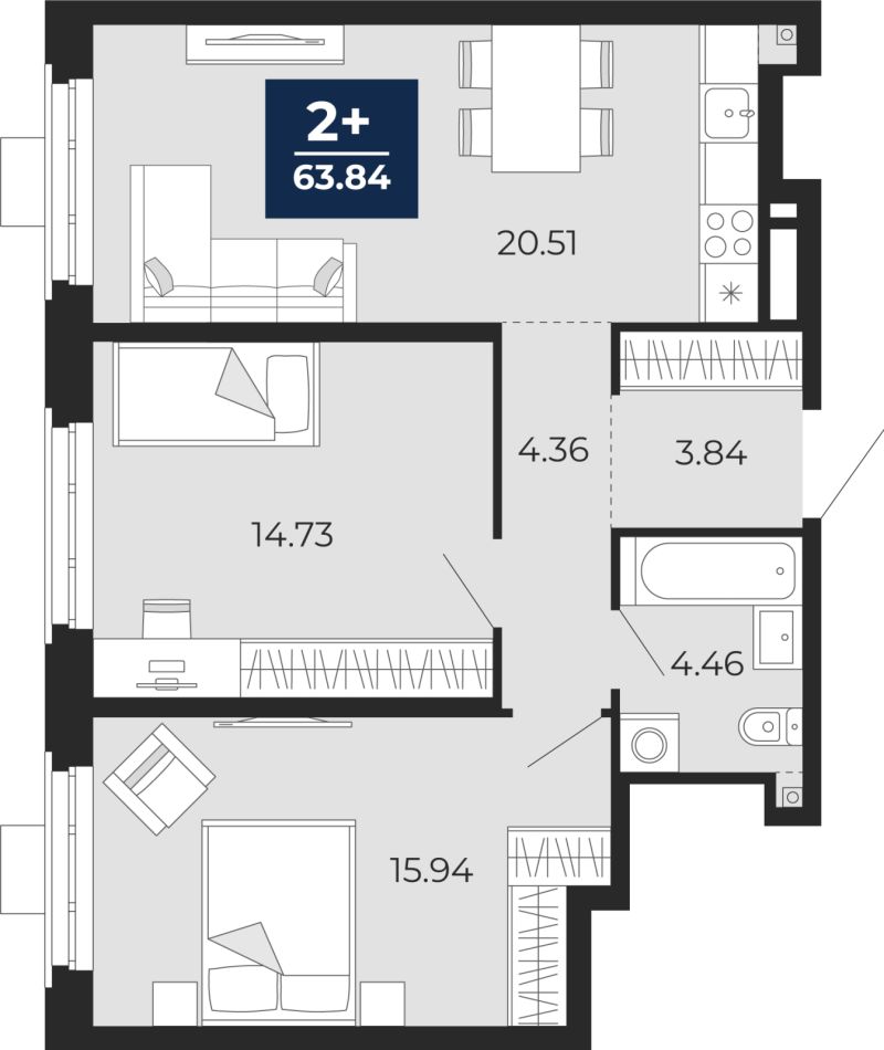 Планировка 2-комн. квартира, 63.8 м² — ЖК «Айвазовский»