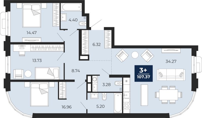 Планировка 3-комн. квартира, 107.4 м² — ЖК «Айвазовский»