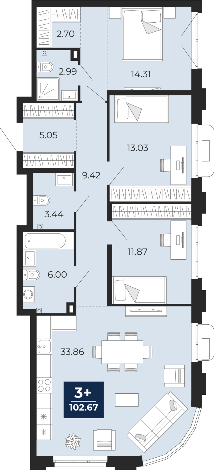 Планировка 3-комн. квартира, 102.7 м² — ЖК «Айвазовский»