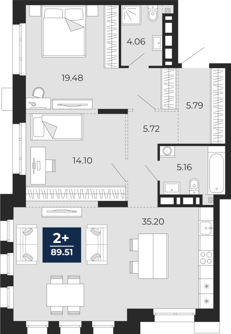 Планировка 2-комн. квартира, 89.5 м² — ЖК «Айвазовский»