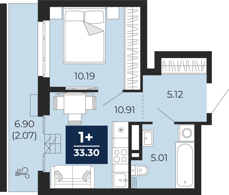 Планировка 1-комн. квартира, 33.3 м² — ЖК «Айвазовский»