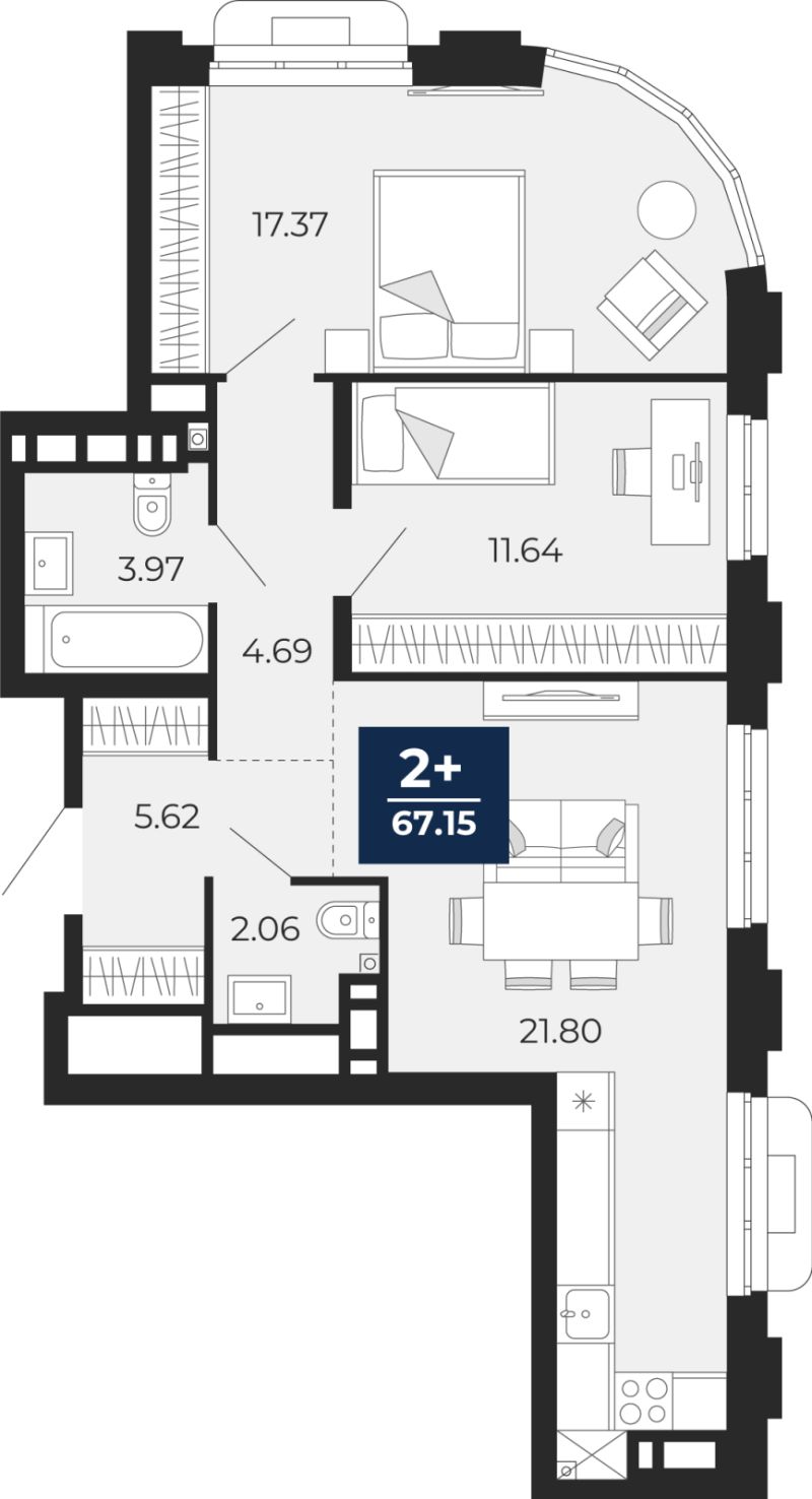 Планировка 2-комн. квартира, 67.2 м² — ЖК «Айвазовский»