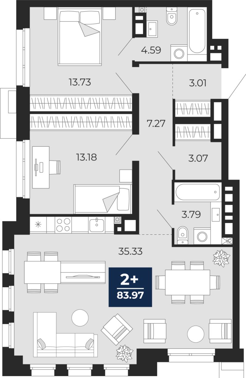 Планировка 2-комн. квартира, 84 м² — ЖК «Айвазовский»