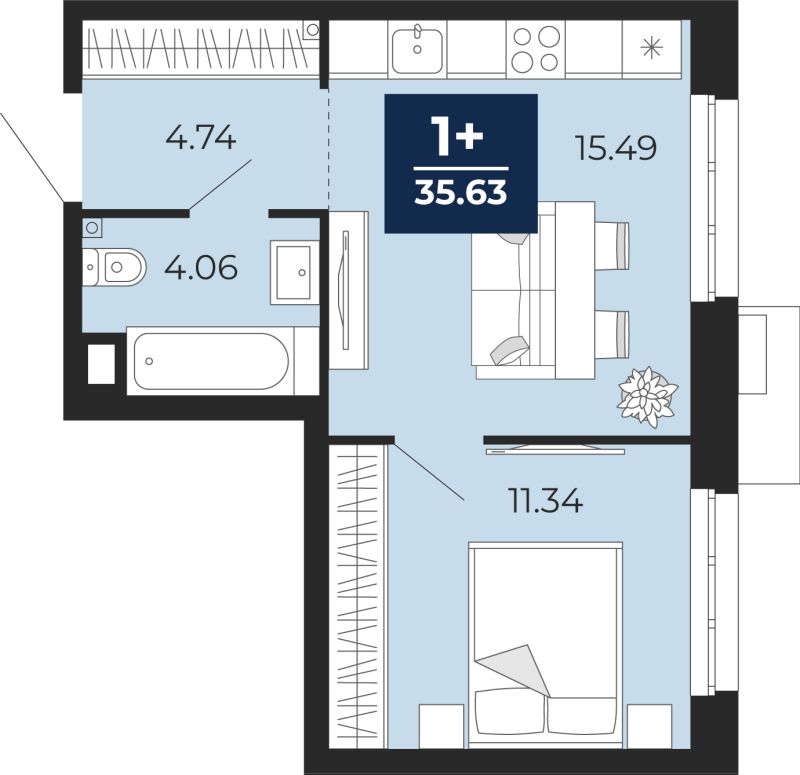 Планировка 1-комн. квартира, 35.6 м² — ЖК «Айвазовский»