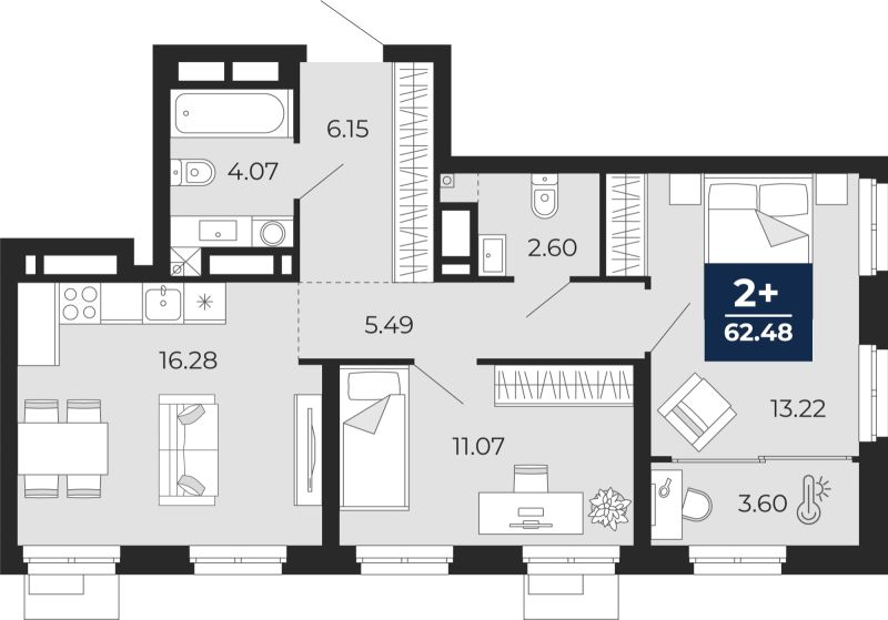 Планировка 2-комн. квартира, 62.5 м² — ЖК «Айвазовский»