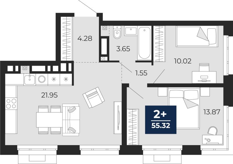 Планировка 2-комн. квартира, 55.3 м² — ЖК «Айвазовский»