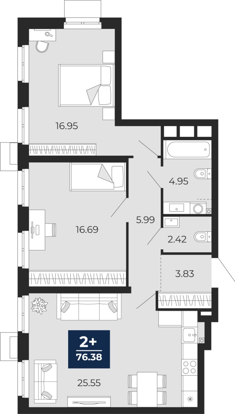 Планировка 2-комн. квартира, 76.4 м² — ЖК «Айвазовский»