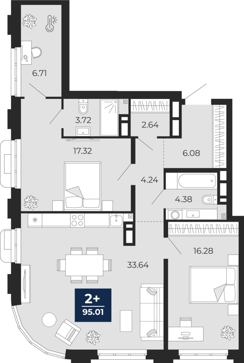Планировка 2-комн. квартира, 95 м² — ЖК «Айвазовский»