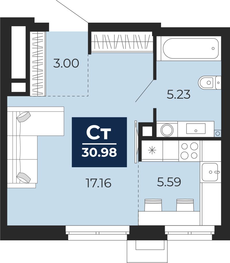 Планировка 1-комн. квартира, 31 м² — ЖК «Айвазовский»