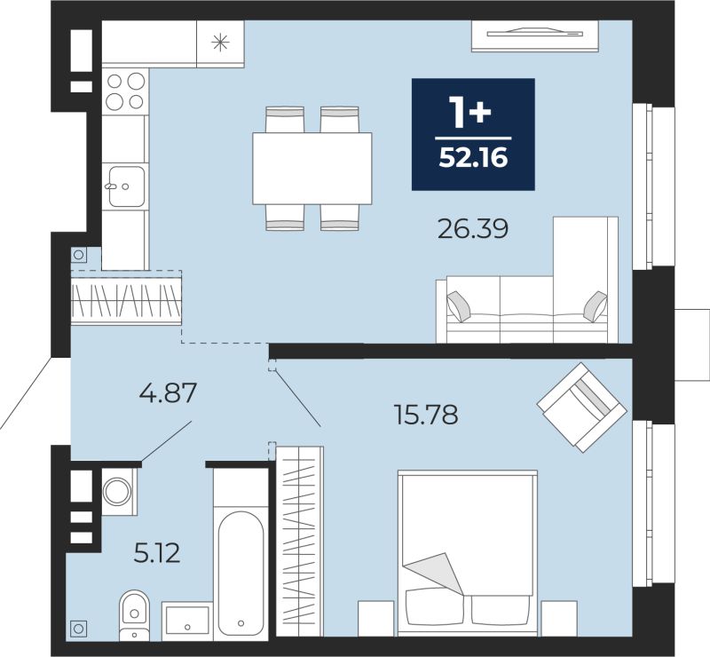Планировка 1-комн. квартира, 52.2 м² — ЖК «Айвазовский»