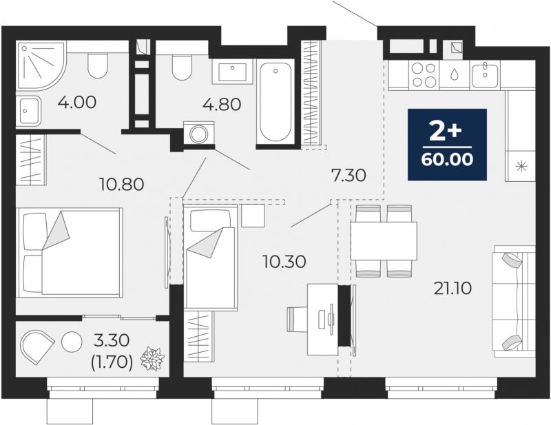 Планировка 2-комн. квартира, 60 м² — ЖК «Айвазовский»