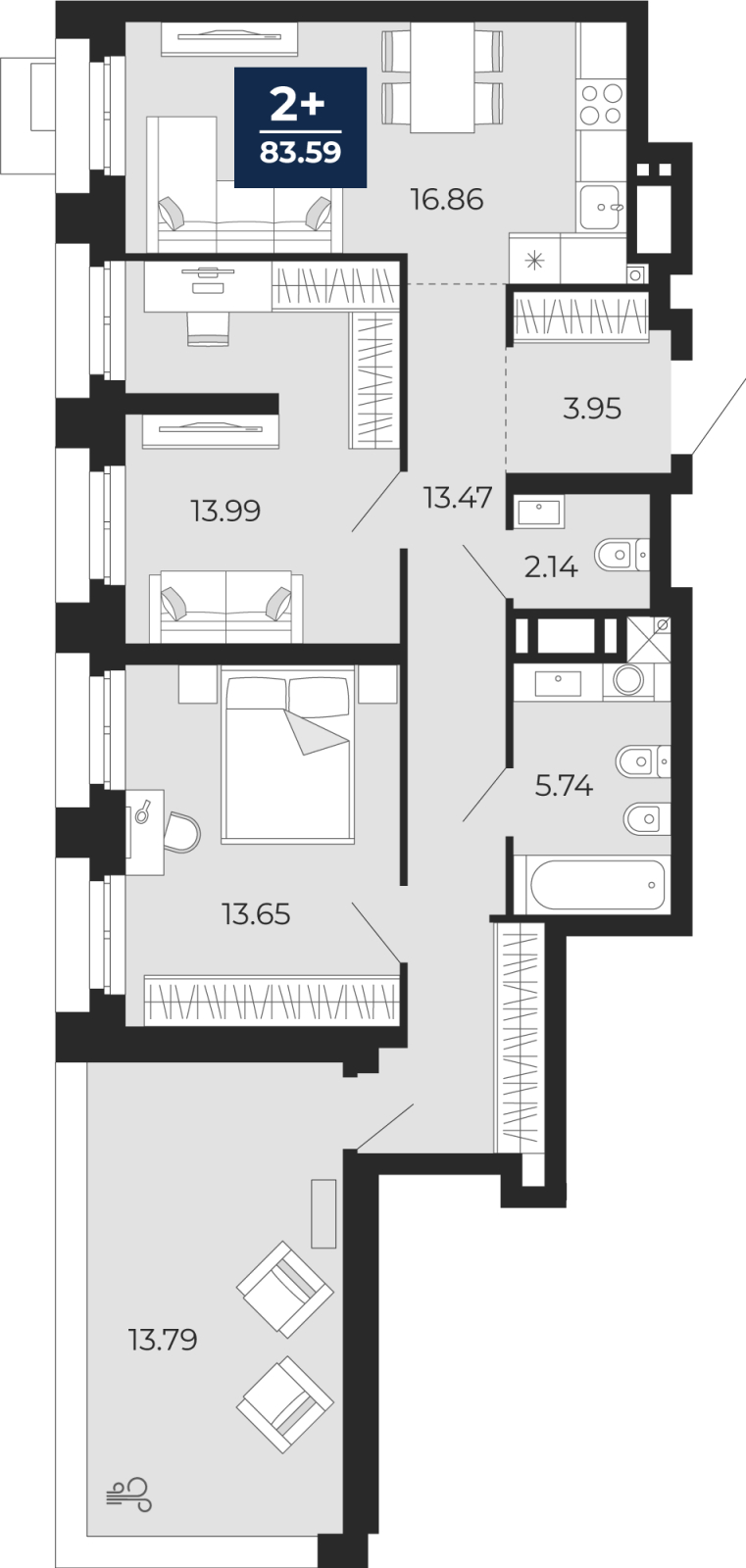 Планировка 2-комн. квартира, 73.9 м² — ЖК «Айвазовский»