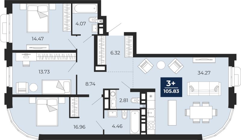 Планировка 3-комн. квартира, 105.8 м² — ЖК «Айвазовский»
