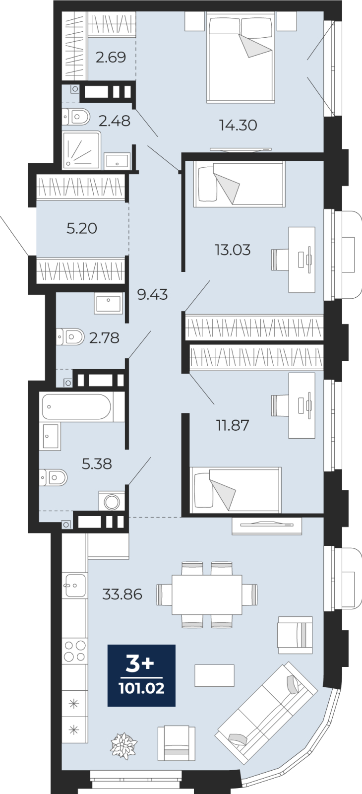 Планировка 3-комн. квартира, 101 м² — ЖК «Айвазовский»