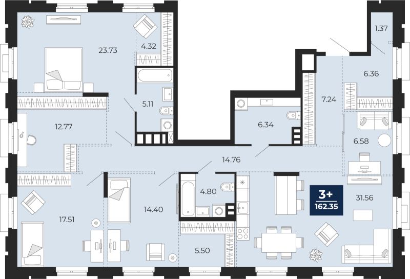 Планировка 3-комн. квартира, 162.3 м² — ЖК «Айвазовский»