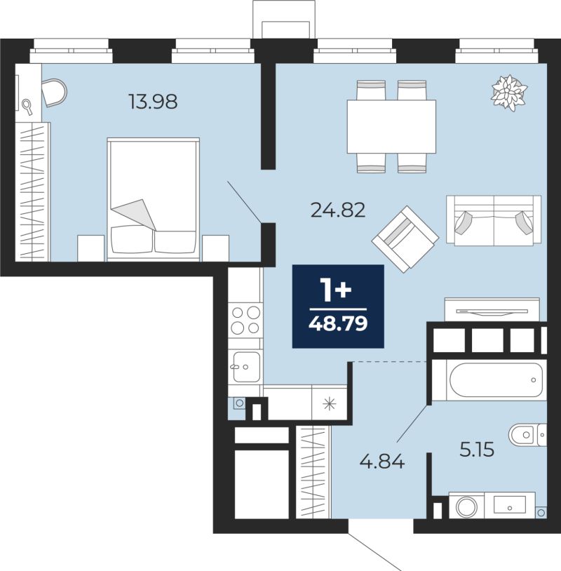 Планировка 1-комн. квартира, 48.8 м² — ЖК «Айвазовский»