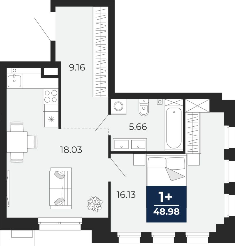 Планировка 1-комн. квартира, 49 м² — ЖК «Айвазовский»