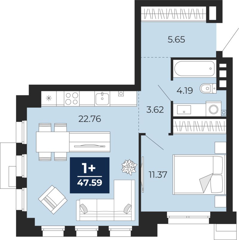 Планировка 1-комн. квартира, 47.6 м² — ЖК «Айвазовский»