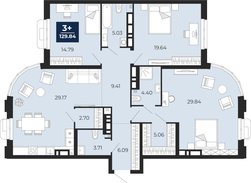 Планировка 3-комн. квартира, 129.8 м² — ЖК «Айвазовский»