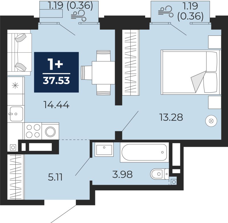 Планировка 1-комн. квартира, 37.5 м² — ЖК «Айвазовский»