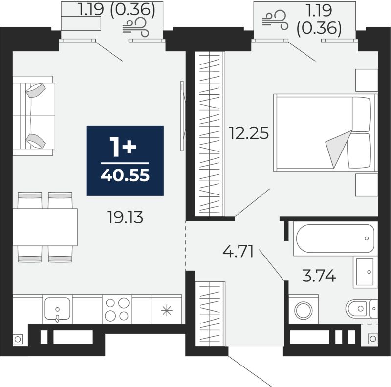 Планировка 1-комн. квартира, 40.5 м² — ЖК «Айвазовский»