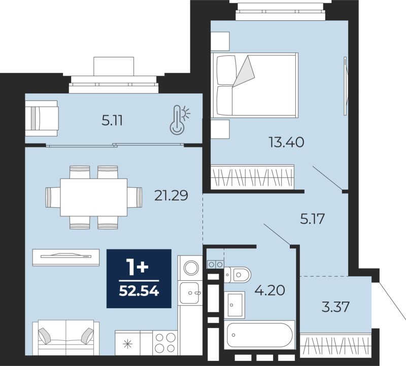 Планировка 1-комн. квартира, 52.5 м² — ЖК «Айвазовский»