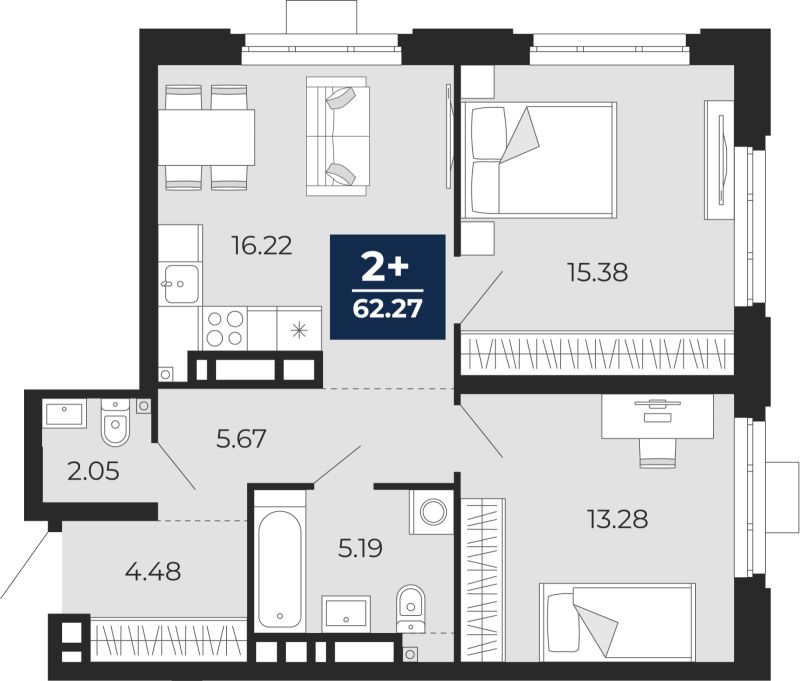 Планировка 2-комн. квартира, 62.3 м² — ЖК «Айвазовский»