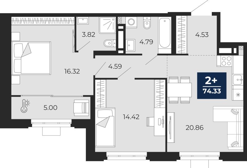 Планировка 2-комн. квартира, 74.3 м² — ЖК «Айвазовский»