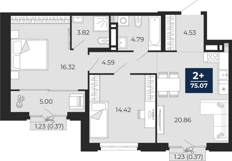 Планировка 2-комн. квартира, 75.1 м² — ЖК «Айвазовский»