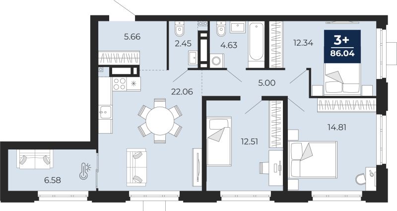 Планировка 3-комн. квартира, 86 м² — ЖК «Айвазовский»