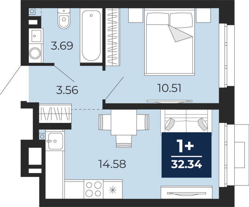 Планировка 1-комн. квартира, 32.3 м² — ЖК «Айвазовский»