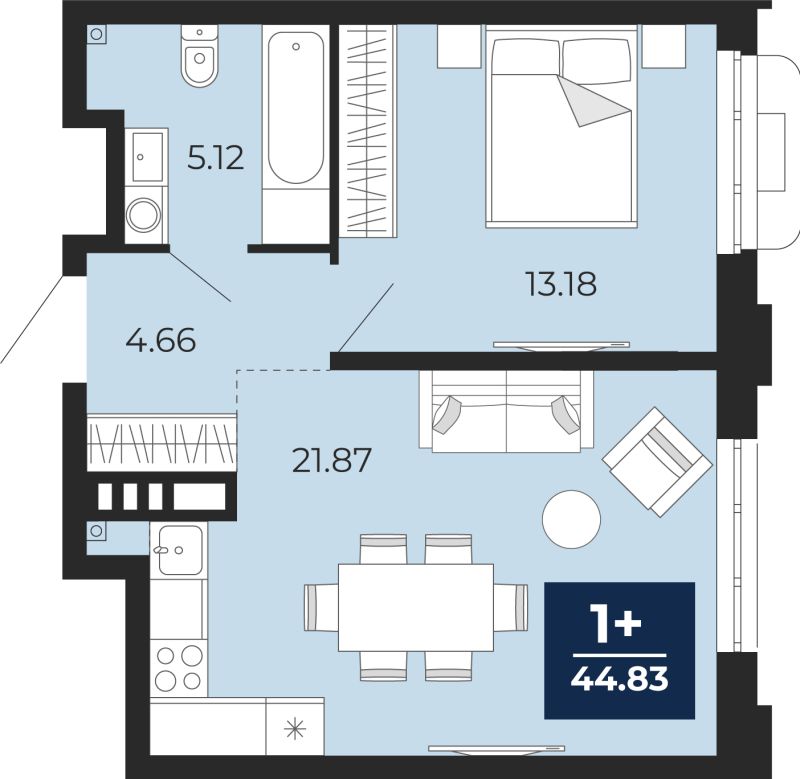Планировка 1-комн. квартира, 44.8 м² — ЖК «Айвазовский»