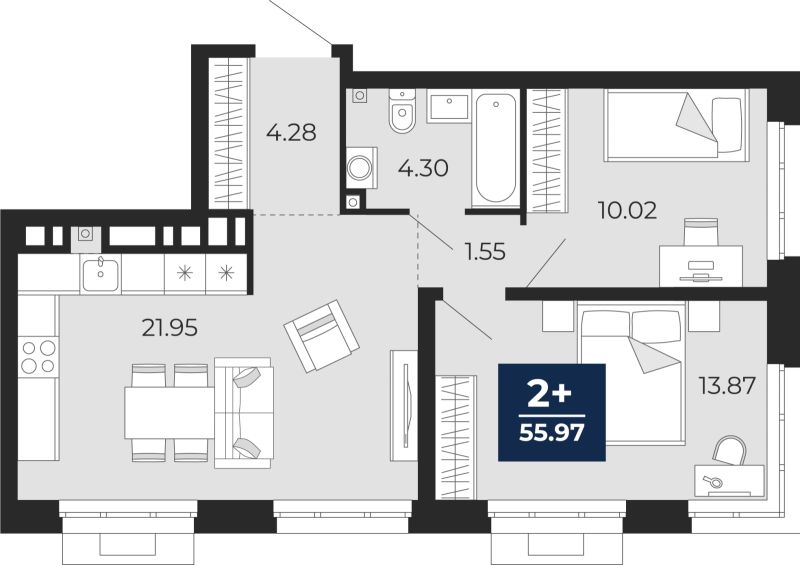 Планировка 2-комн. квартира, 56 м² — ЖК «Айвазовский»