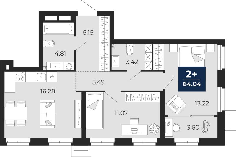 Планировка 2-комн. квартира, 64 м² — ЖК «Айвазовский»