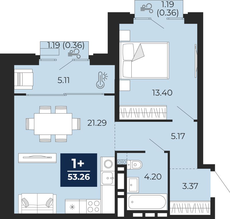 Планировка 1-комн. квартира, 53.3 м² — ЖК «Айвазовский»