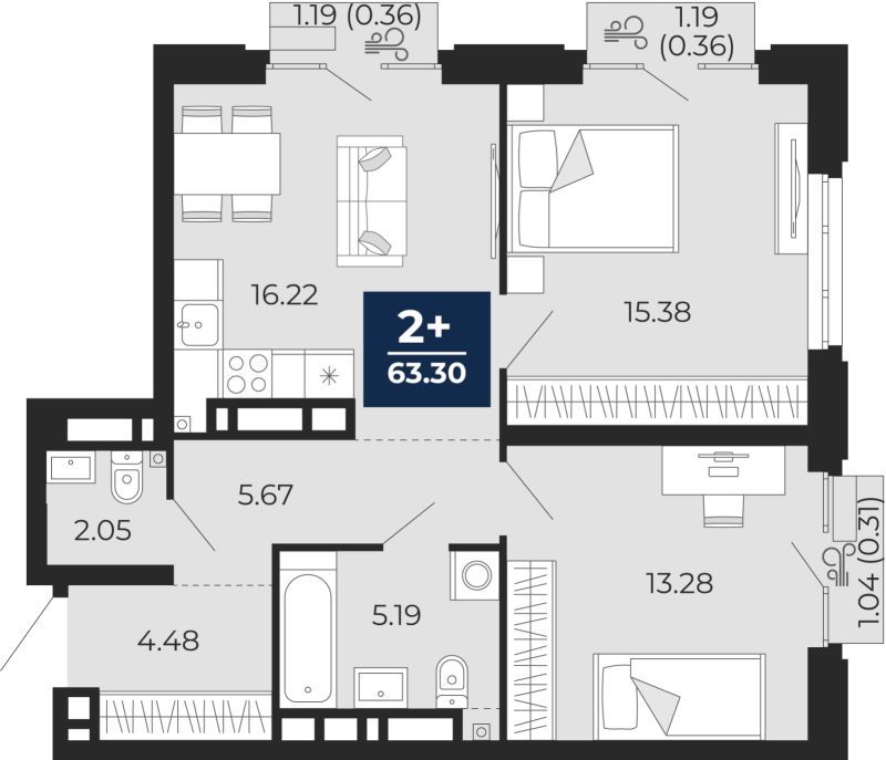 Планировка 2-комн. квартира, 63.3 м² — ЖК «Айвазовский»