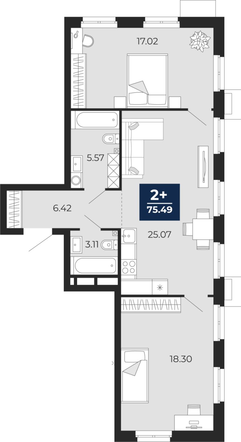 Планировка 2-комн. квартира, 75.5 м² — ЖК «Айвазовский»