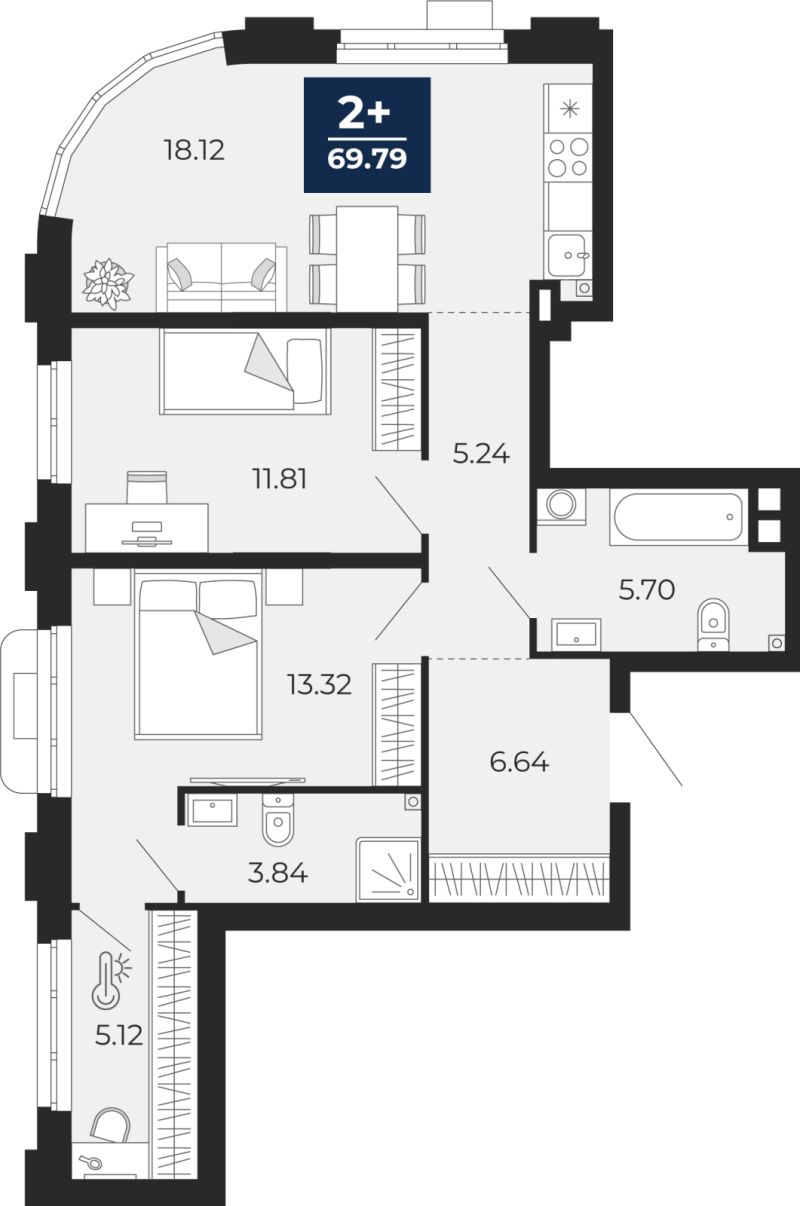 Планировка 2-комн. квартира, 69.8 м² — ЖК «Айвазовский»