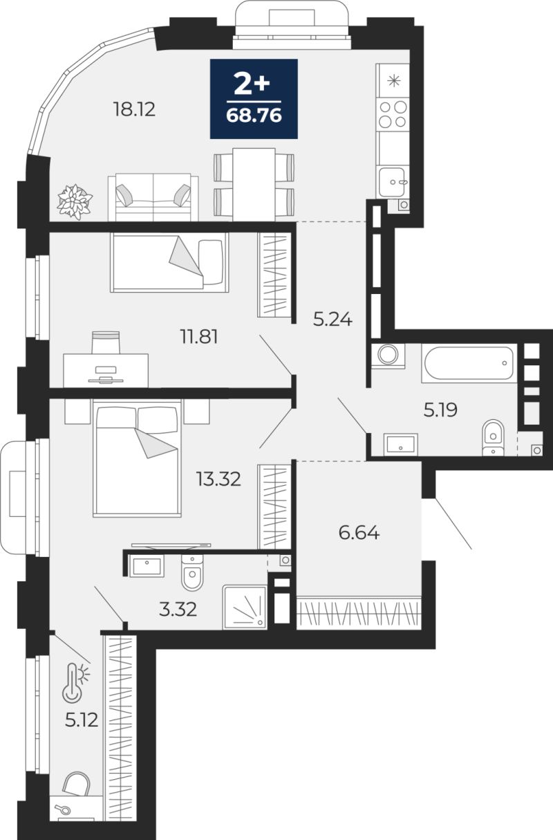 Планировка 2-комн. квартира, 68.8 м² — ЖК «Айвазовский»