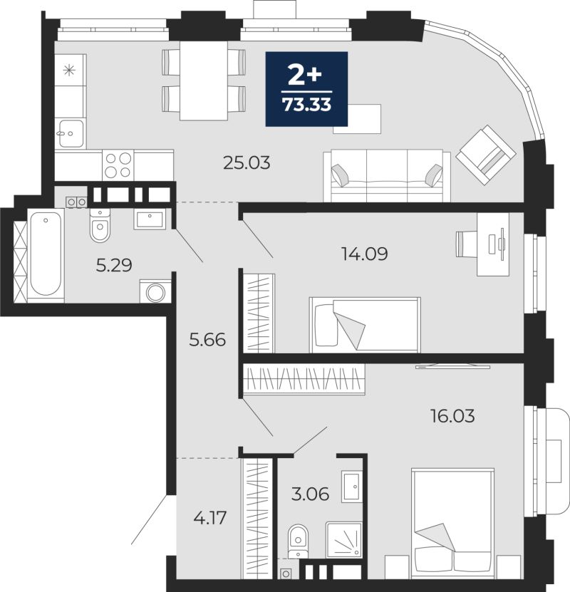 Планировка 2-комн. квартира, 73.3 м² — ЖК «Айвазовский»
