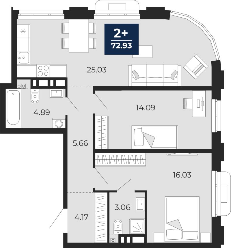 Планировка 2-комн. квартира, 72.9 м² — ЖК «Айвазовский»