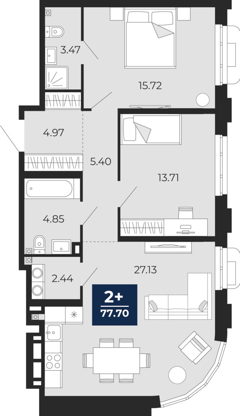 Планировка 2-комн. квартира, 77.7 м² — ЖК «Айвазовский»