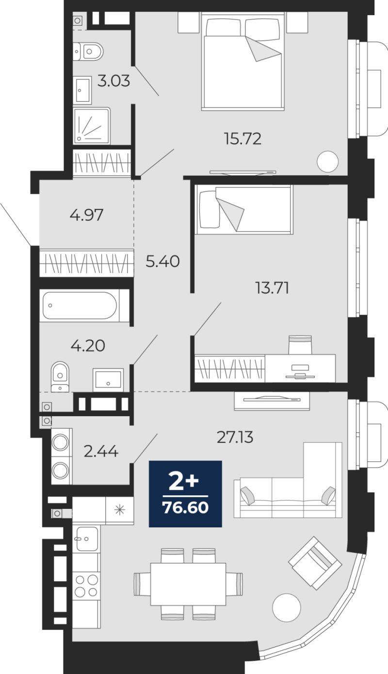 Планировка 2-комн. квартира, 76.6 м² — ЖК «Айвазовский»