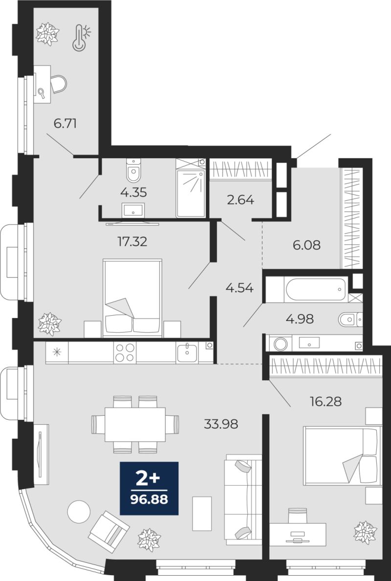 Планировка 2-комн. квартира, 96.9 м² — ЖК «Айвазовский»