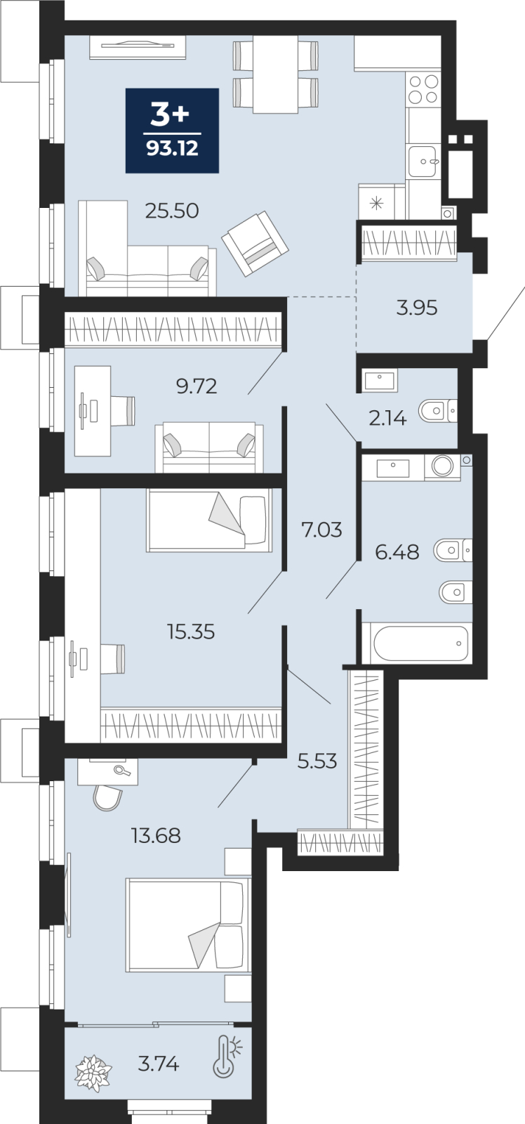 Планировка 3-комн. квартира, 93.1 м² — ЖК «Айвазовский»