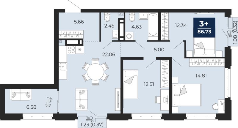 Планировка 3-комн. квартира, 86.7 м² — ЖК «Айвазовский»